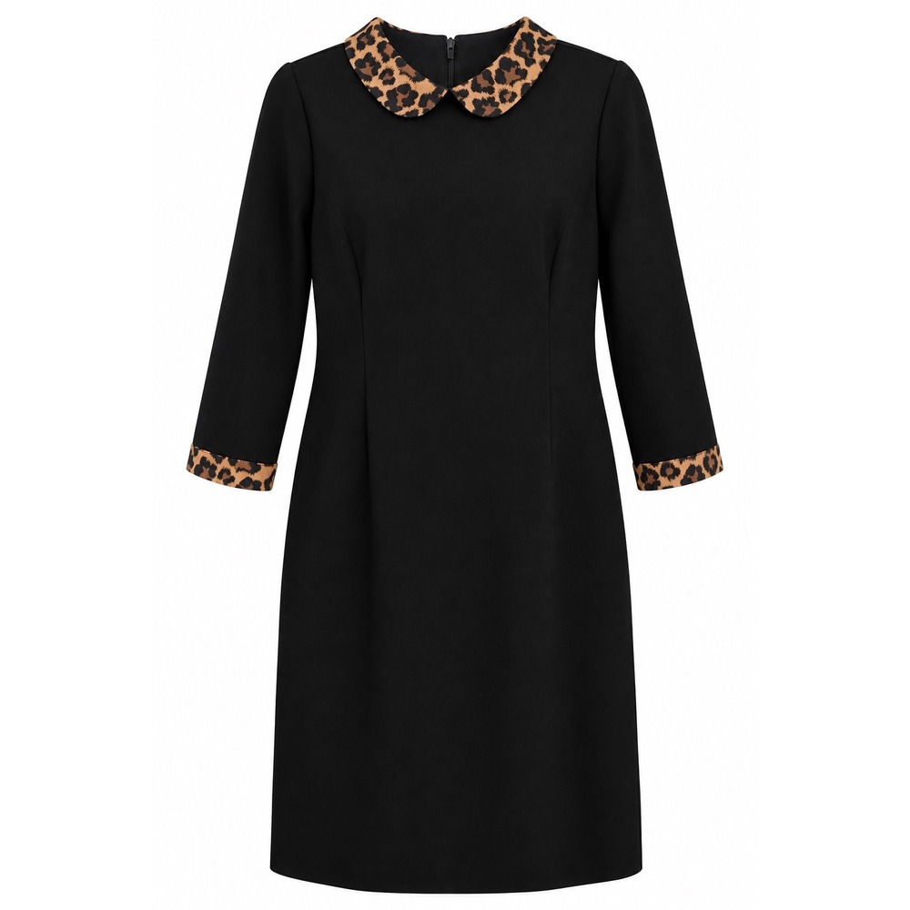 Talbots Ponte Shift Dress 12P Black Leopard Peter Pan Collar Work Midi Petite